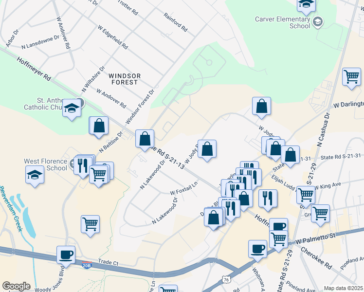 map of restaurants, bars, coffee shops, grocery stores, and more near 2211 West Jody Road in Florence
