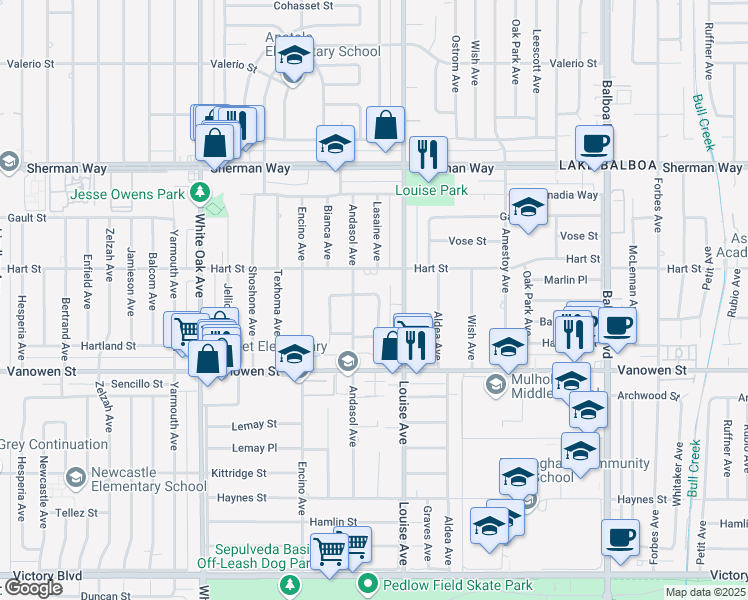 map of restaurants, bars, coffee shops, grocery stores, and more near 17336 Marlin Place in Los Angeles