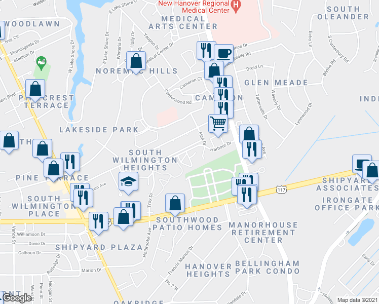 map of restaurants, bars, coffee shops, grocery stores, and more near 1402 Harbour Drive in Wilmington