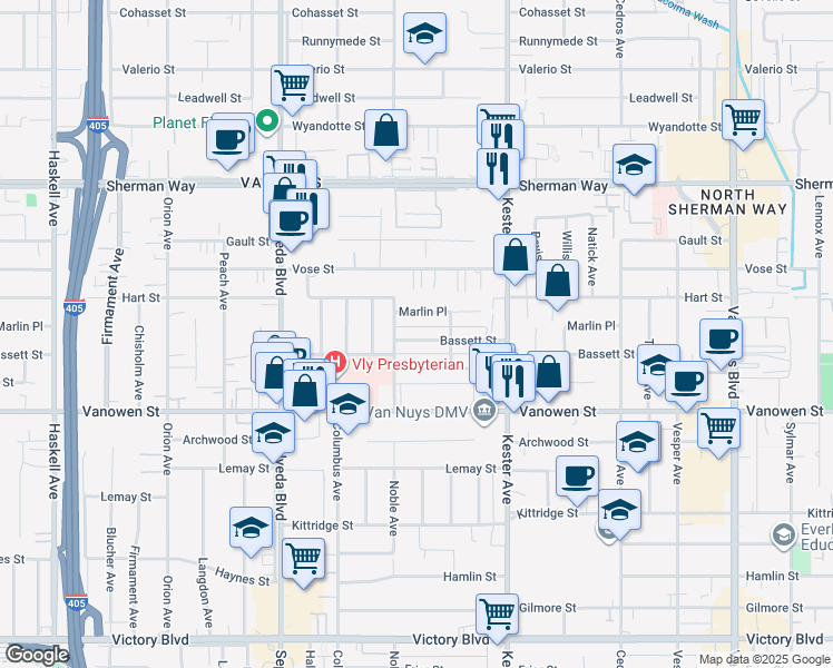 map of restaurants, bars, coffee shops, grocery stores, and more near 15035 Bassett Street in Los Angeles