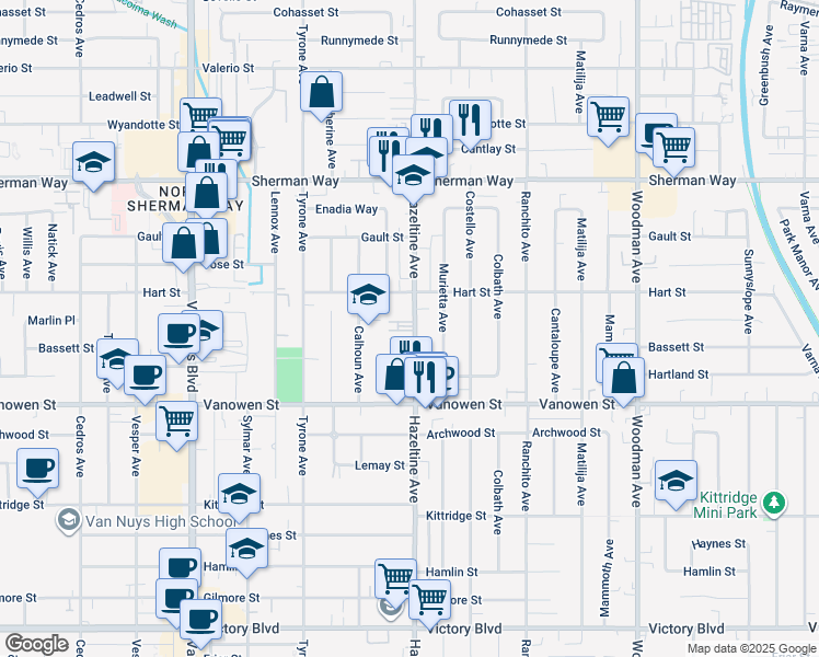 map of restaurants, bars, coffee shops, grocery stores, and more near 6923 Hazeltine Avenue in Los Angeles