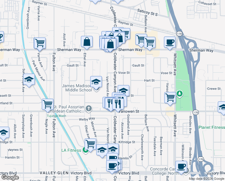map of restaurants, bars, coffee shops, grocery stores, and more near 6944 Van Noord Avenue in Los Angeles