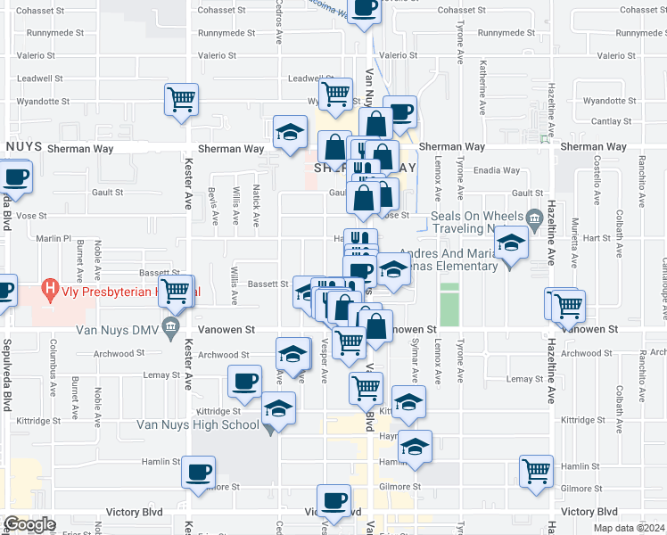 map of restaurants, bars, coffee shops, grocery stores, and more near 6948 Vesper Avenue in Los Angeles
