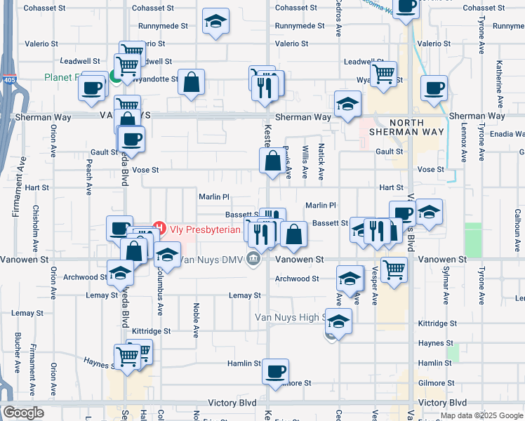 map of restaurants, bars, coffee shops, grocery stores, and more near 6943 Kester Avenue in Los Angeles