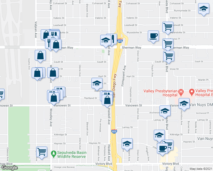 map of restaurants, bars, coffee shops, grocery stores, and more near 15731 Marlin Place in Los Angeles