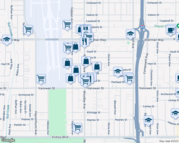 map of restaurants, bars, coffee shops, grocery stores, and more near 6924 Woodley Avenue in Los Angeles