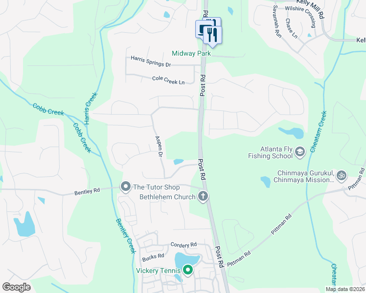 map of restaurants, bars, coffee shops, grocery stores, and more near 5364 Post Road in Cumming