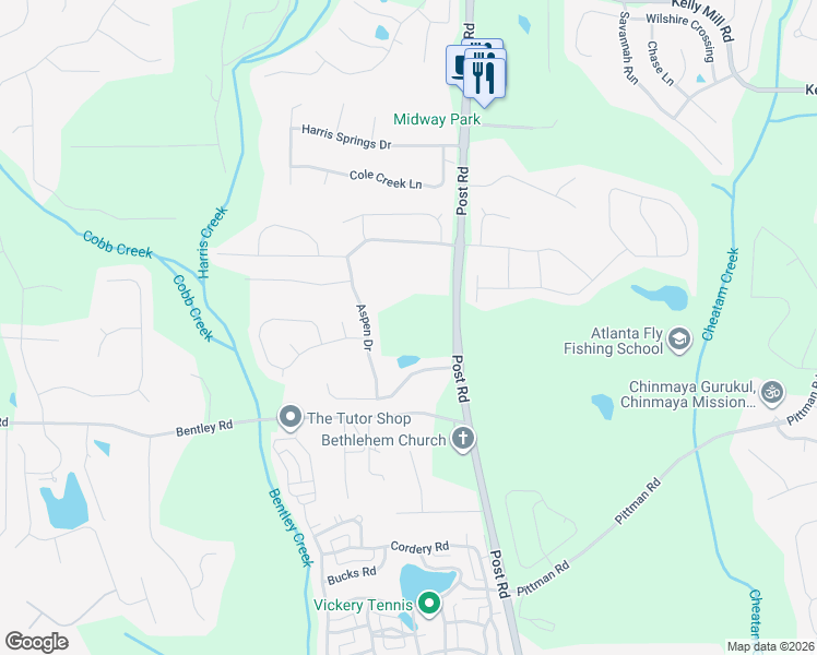 map of restaurants, bars, coffee shops, grocery stores, and more near 5364 Post Road in Cumming