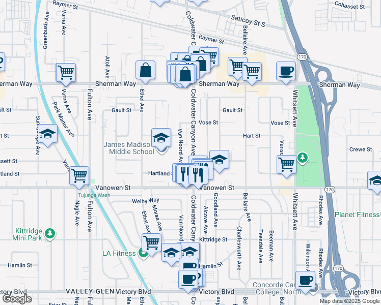 map of restaurants, bars, coffee shops, grocery stores, and more near 6919 Coldwater Canyon Avenue in Los Angeles
