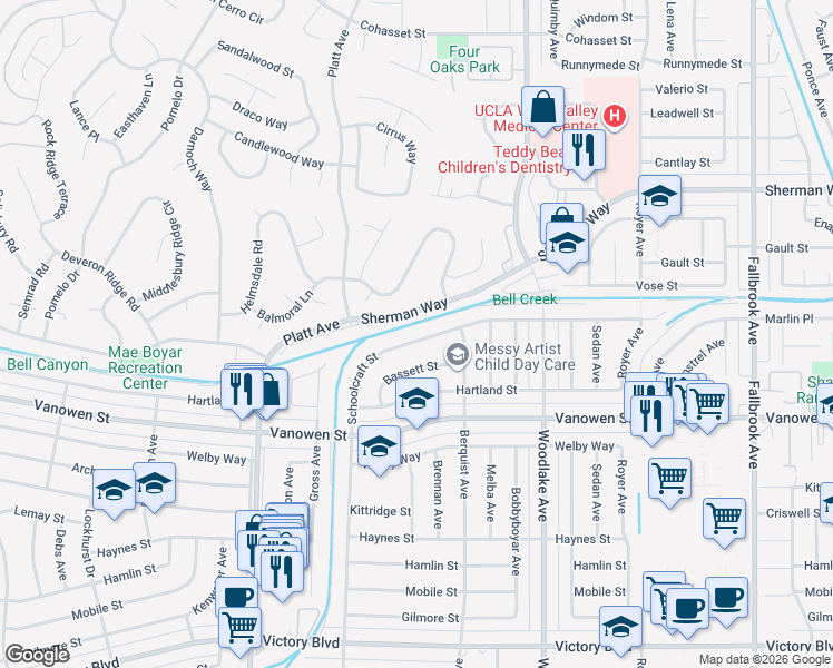 map of restaurants, bars, coffee shops, grocery stores, and more near 23341 Schoolcraft Street in Los Angeles