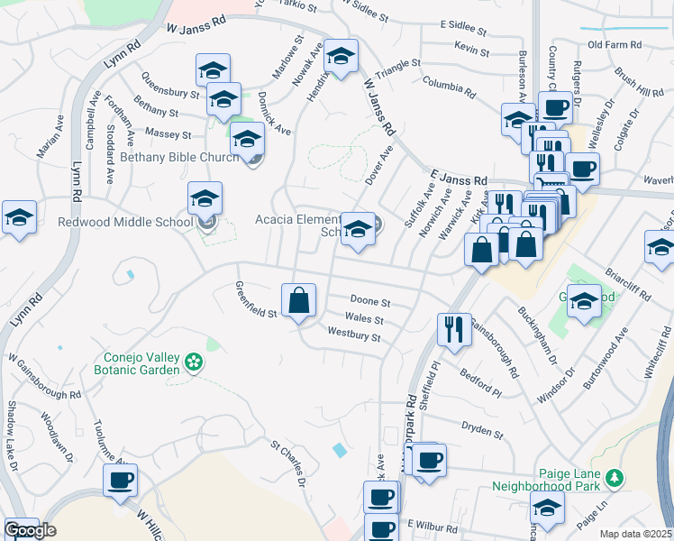 map of restaurants, bars, coffee shops, grocery stores, and more near 91 West Gainsborough Road in Thousand Oaks