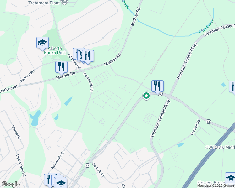 map of restaurants, bars, coffee shops, grocery stores, and more near 4695 Radford Road in Flowery Branch