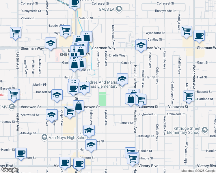map of restaurants, bars, coffee shops, grocery stores, and more near 6920 Tyrone Avenue in Los Angeles