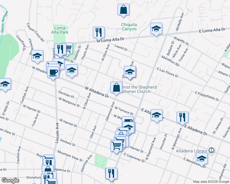 map of restaurants, bars, coffee shops, grocery stores, and more near in Altadena