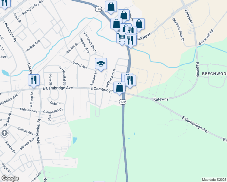 map of restaurants, bars, coffee shops, grocery stores, and more near 1320 Cambridge Road in Greenwood