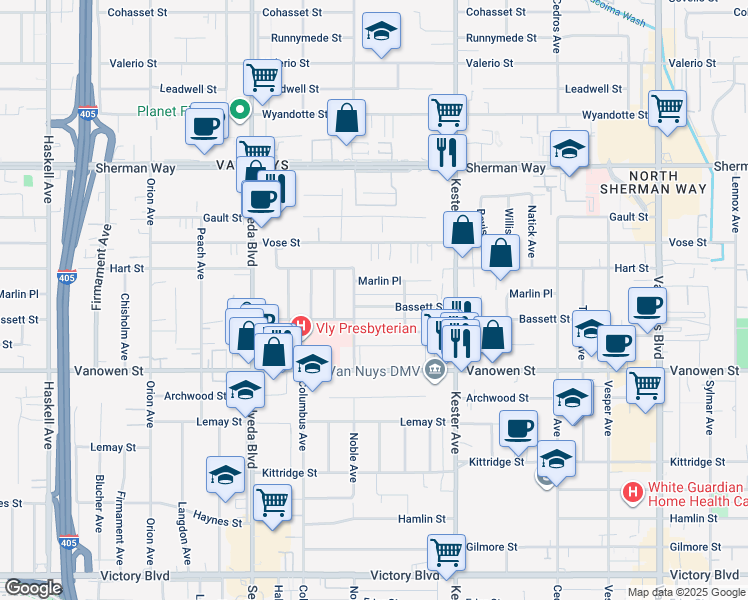 map of restaurants, bars, coffee shops, grocery stores, and more near 15035 Bassett Street in Los Angeles
