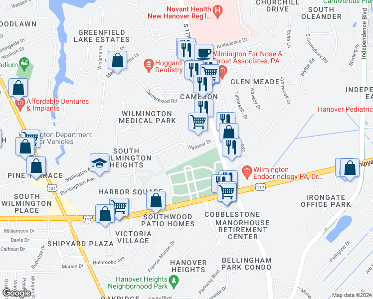 map of restaurants, bars, coffee shops, grocery stores, and more near 2505 Flint Drive in Wilmington