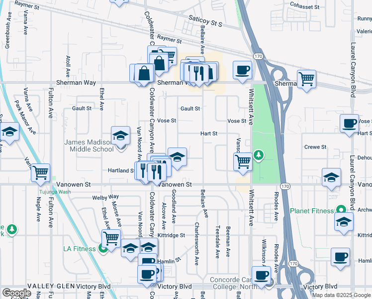 map of restaurants, bars, coffee shops, grocery stores, and more near 6921 Bluebell Avenue in Los Angeles