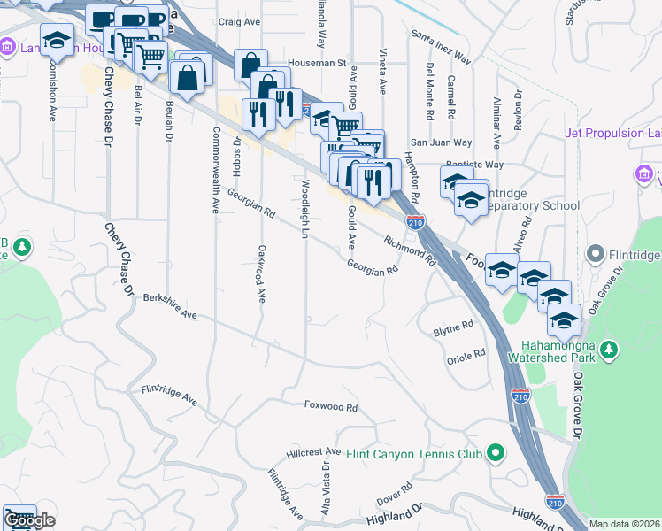 map of restaurants, bars, coffee shops, grocery stores, and more near 520 Georgian Road in La Cañada Flintridge