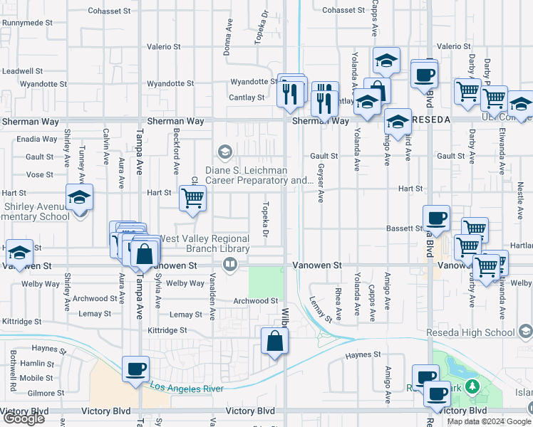 map of restaurants, bars, coffee shops, grocery stores, and more near Topeka Drive in Los Angeles