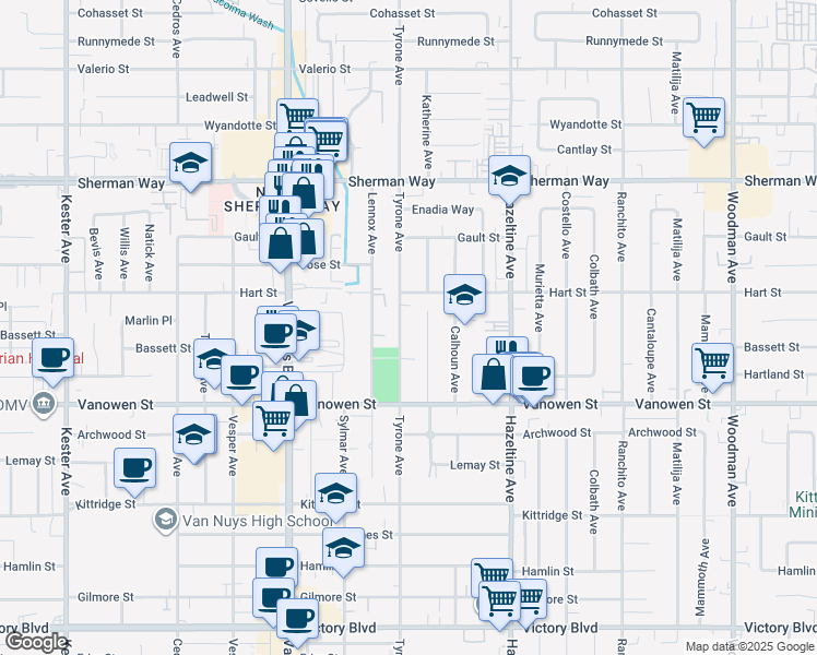 map of restaurants, bars, coffee shops, grocery stores, and more near 6920 Tyrone Avenue in Los Angeles