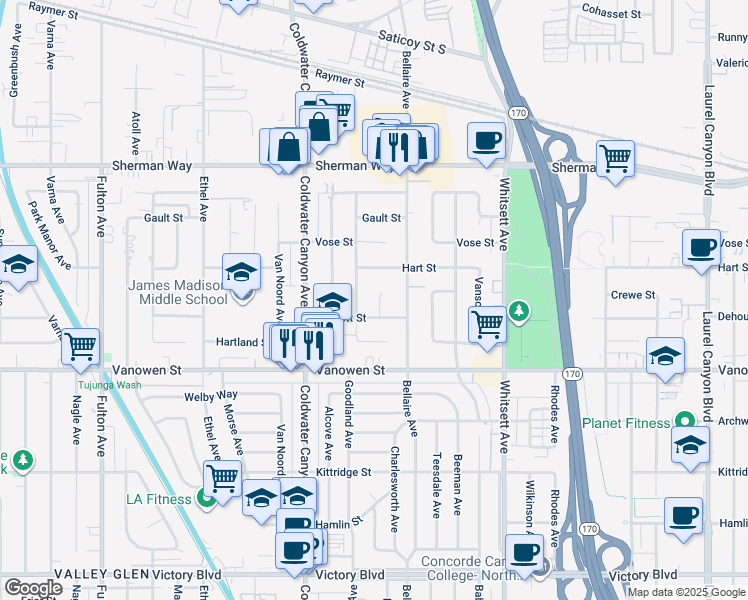 map of restaurants, bars, coffee shops, grocery stores, and more near 6921 Bluebell Avenue in Los Angeles