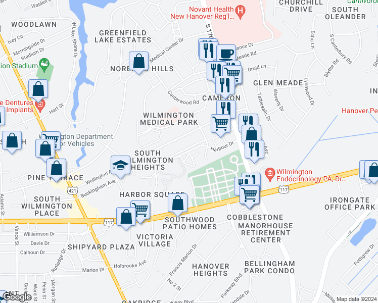 map of restaurants, bars, coffee shops, grocery stores, and more near 1308 Harbour Drive in Wilmington