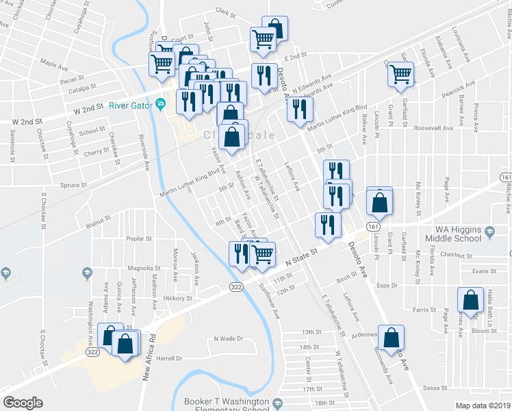 map of restaurants, bars, coffee shops, grocery stores, and more near Ashton Avenue in Clarksdale
