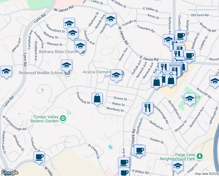 map of restaurants, bars, coffee shops, grocery stores, and more near 91 West Gainsborough Road in Thousand Oaks