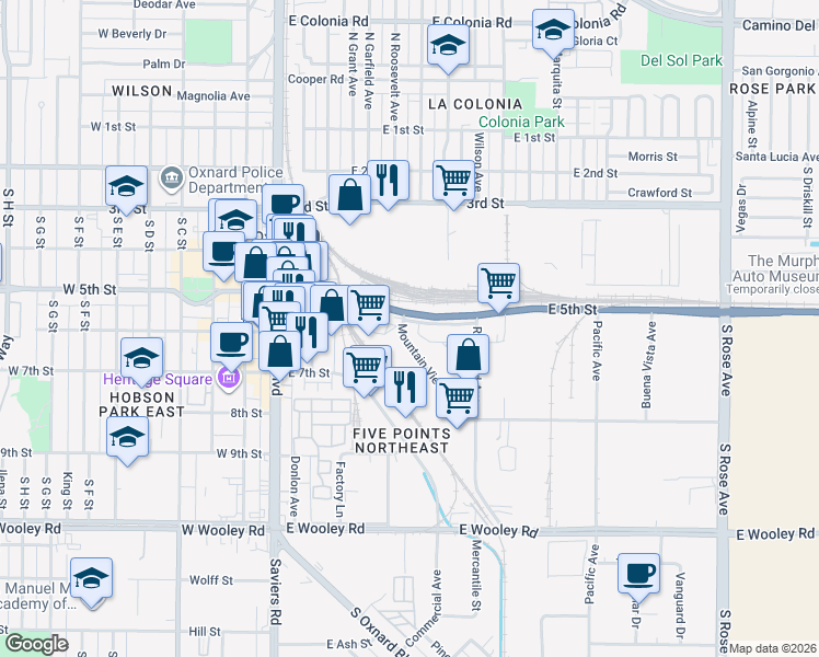map of restaurants, bars, coffee shops, grocery stores, and more near 600 East 5th Street in Oxnard