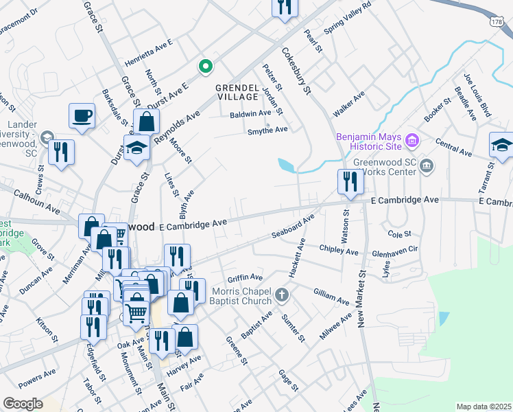 map of restaurants, bars, coffee shops, grocery stores, and more near 437 East Cambridge Avenue in Greenwood
