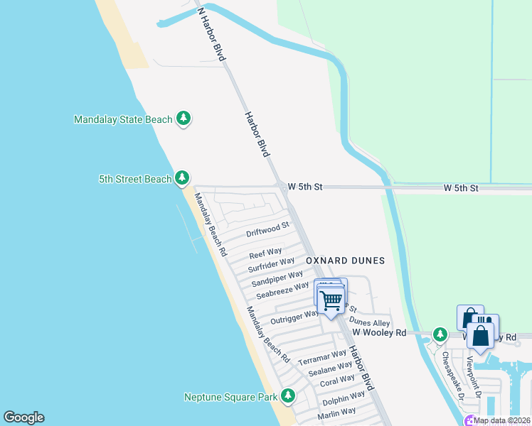map of restaurants, bars, coffee shops, grocery stores, and more near 5540 West 5th Street in Oxnard
