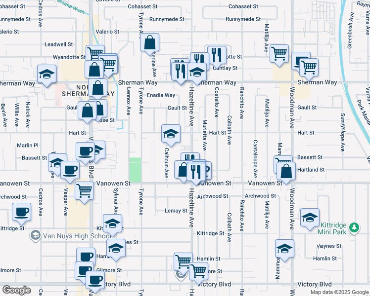 map of restaurants, bars, coffee shops, grocery stores, and more near 6923 Hazeltine Avenue in Los Angeles