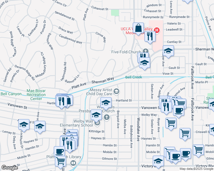 map of restaurants, bars, coffee shops, grocery stores, and more near 23335 Schoolcraft Street in Los Angeles