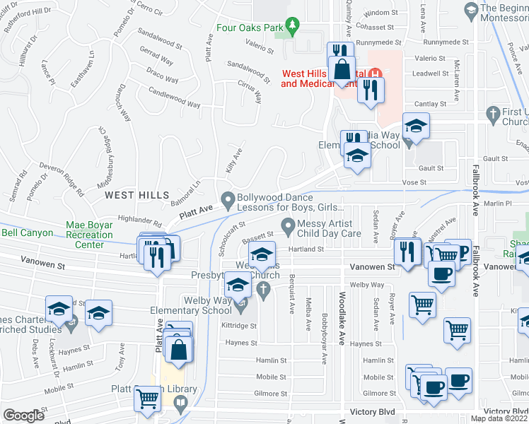 map of restaurants, bars, coffee shops, grocery stores, and more near 23335 Schoolcraft Street in Los Angeles