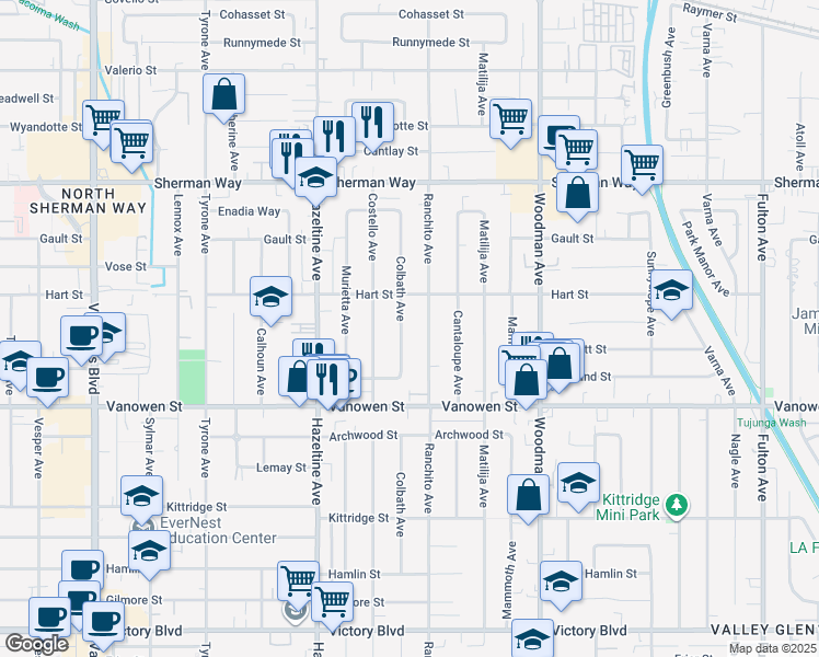 map of restaurants, bars, coffee shops, grocery stores, and more near 6924 Colbath Avenue in Los Angeles