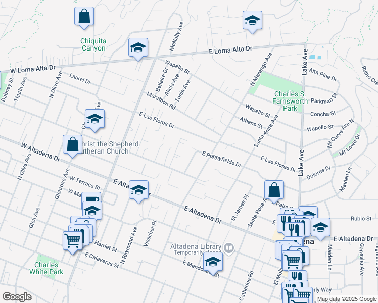map of restaurants, bars, coffee shops, grocery stores, and more near 268 East Poppyfields Drive in Altadena