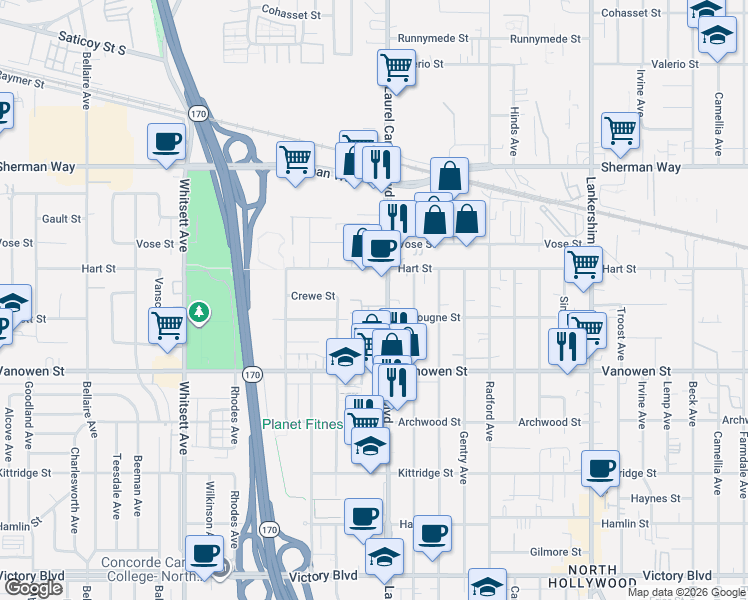 map of restaurants, bars, coffee shops, grocery stores, and more near 6919 Laurel Canyon Boulevard in Los Angeles