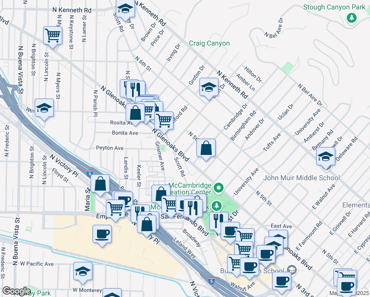 map of restaurants, bars, coffee shops, grocery stores, and more near 409 Dartmouth Road in Burbank