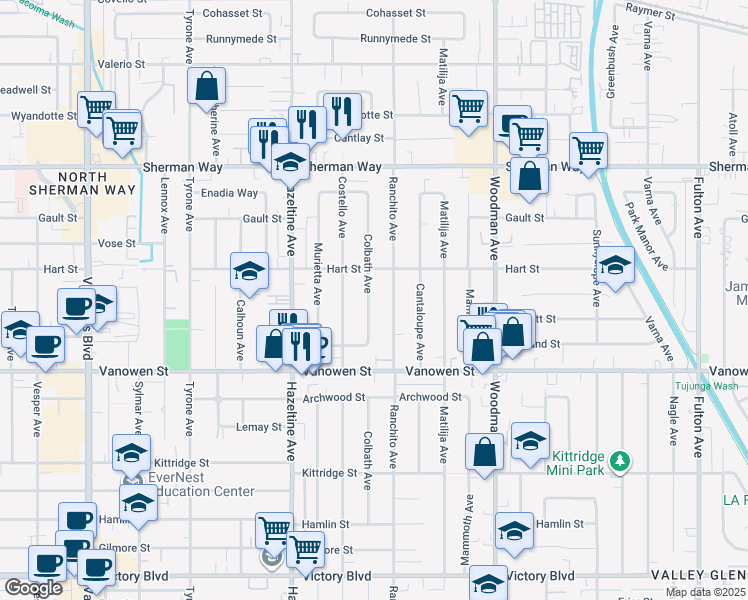 map of restaurants, bars, coffee shops, grocery stores, and more near 6924 Colbath Avenue in Los Angeles