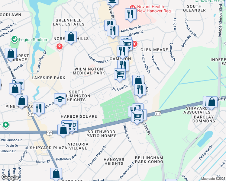 map of restaurants, bars, coffee shops, grocery stores, and more near 2503 Flint Drive in Wilmington
