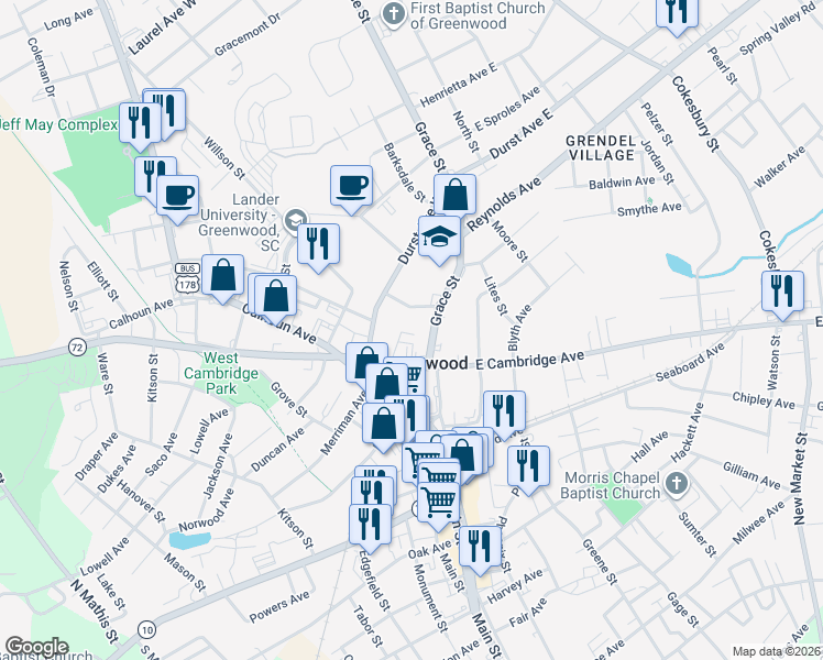 map of restaurants, bars, coffee shops, grocery stores, and more near 115 Blake Street in Greenwood