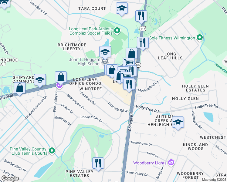 map of restaurants, bars, coffee shops, grocery stores, and more near 4469 Holly Tree Road in Wilmington