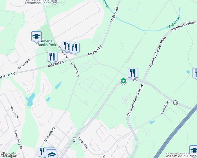 map of restaurants, bars, coffee shops, grocery stores, and more near 4695 Radford Road in Flowery Branch