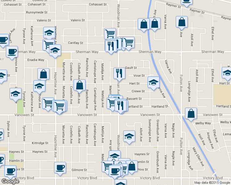 map of restaurants, bars, coffee shops, grocery stores, and more near 6925 Woodman Avenue in Los Angeles