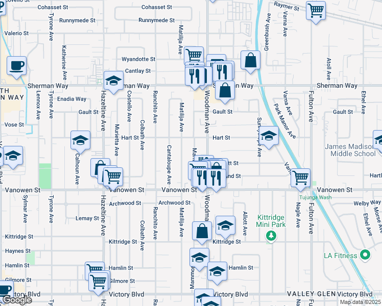 map of restaurants, bars, coffee shops, grocery stores, and more near 6929 Mammoth Avenue in Los Angeles