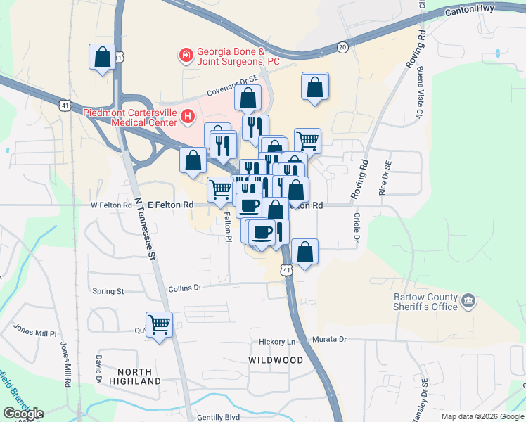 map of restaurants, bars, coffee shops, grocery stores, and more near 899 Joe Frank Harris Parkway Southeast in Cartersville