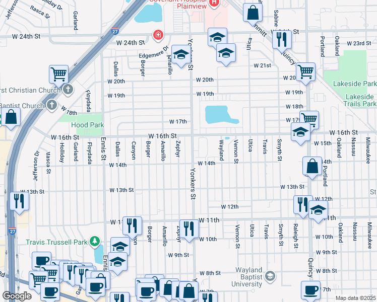 map of restaurants, bars, coffee shops, grocery stores, and more near 1500 Yonkers Street in Plainview