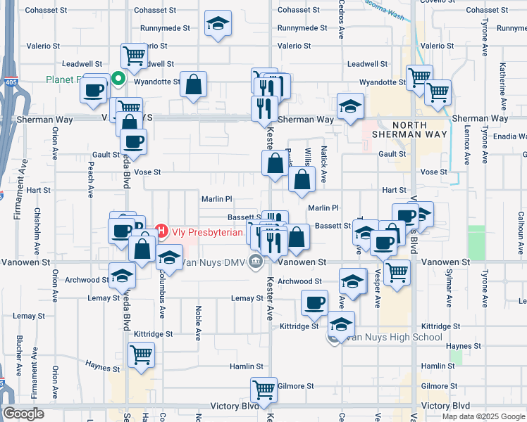 map of restaurants, bars, coffee shops, grocery stores, and more near 6943 Kester Avenue in Los Angeles