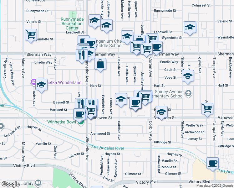 map of restaurants, bars, coffee shops, grocery stores, and more near 6948 Lubao Avenue in Los Angeles